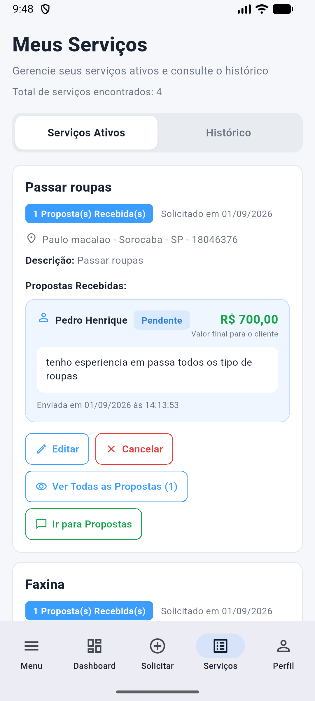 Tela Meus Serviços do app ProServiço
